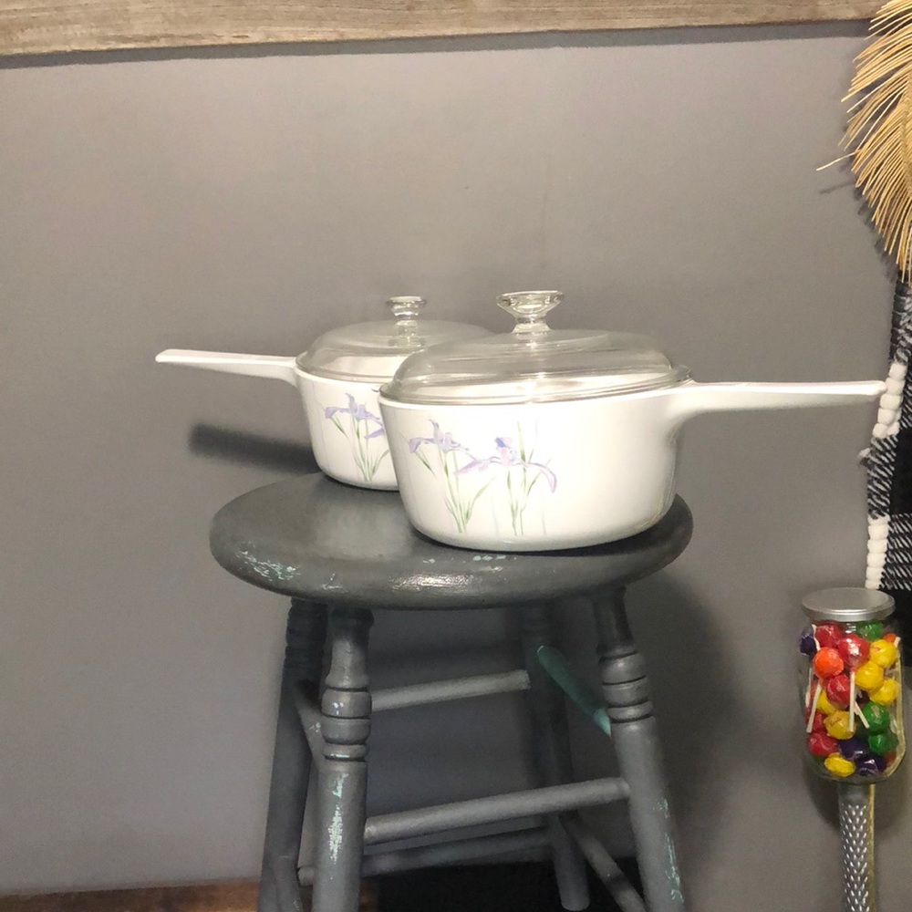 3 Corningware Shadow Iris Vintage saucepans casserole dish with lids